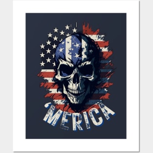 Merica Skull with American Flag Posters and Art